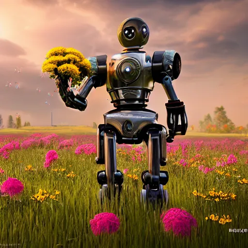 Image similar to robot with little girl collect flowers in the field, steampunk, cyberpunk, 4k, hyperrealistic, focused, high detail, unreal engine 5, cinematic