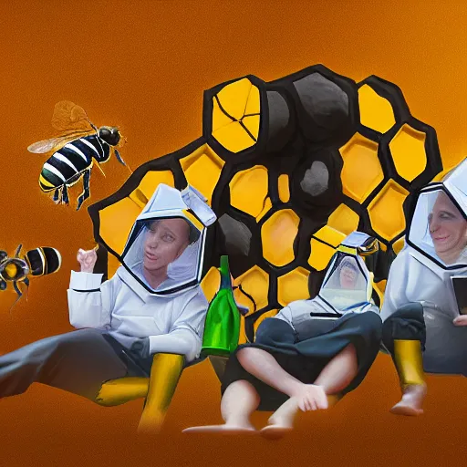 Image similar to a team of bee nerds, hyperrealistic, digital art, 4 k