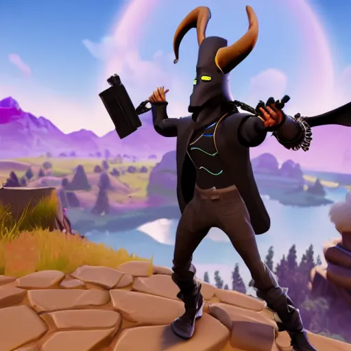 Image similar to an anthropomorphic black goat wizard in fortnite, black wizard robes, holding a gun, 3 d unreal engine render