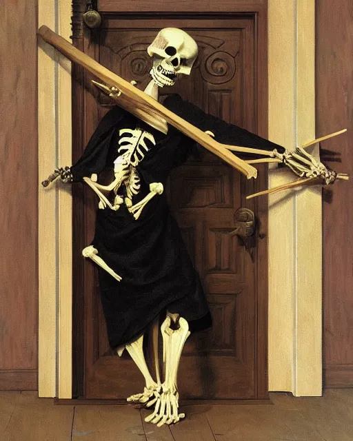 Prompt: A painting of Martin Luther holding a mallet and nailing a cartoon paper-skeleton Halloween decoration to the door of a suburban home, in the styles of Ferdinand Pauwels, Greg Rutkowski, Alphonse Mucha, and Tim Burton, intricate, hyperrealistic, accurate facial details, volumetric lighting