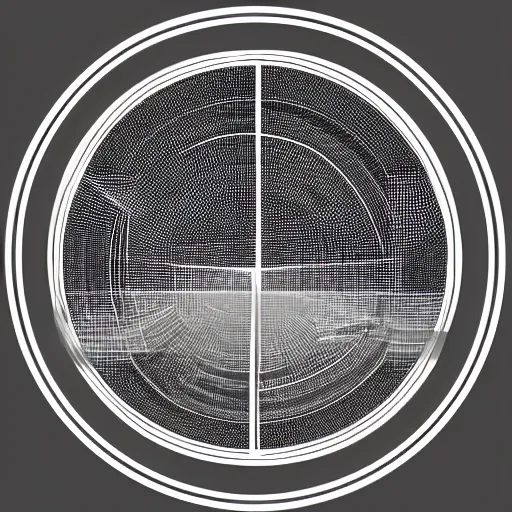 Image similar to a perfect circle, around the outer edge of the circle is the silhouette of a city skyline, inside the circle is empty, black and white, minimalist, in the style of a line drawing