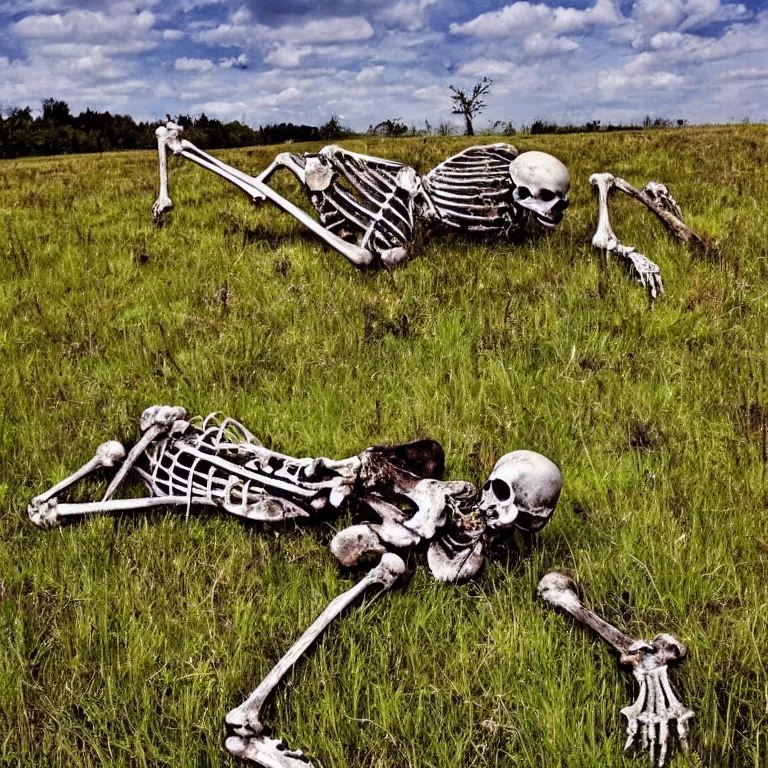 Prompt: decaying skeleton and bones. in a meadow