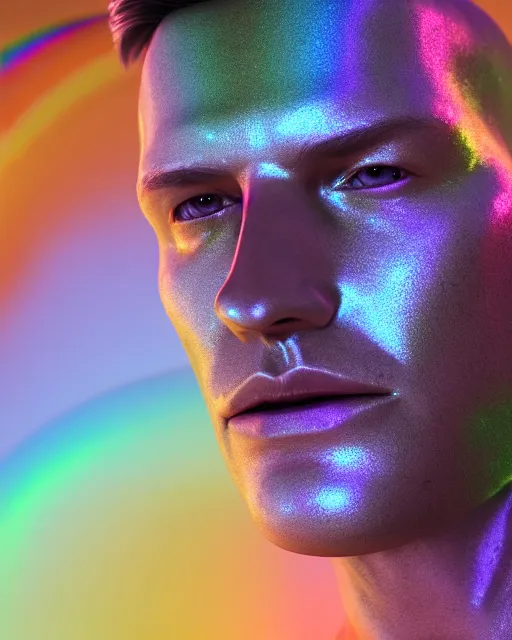 Prompt: a masculine bionic man, draped in iridescent rainbow on clear liquid gold cloth, Neil Blomkamp cinematography, soft lightning, 8k, f/2.8, octane render, unreal engine