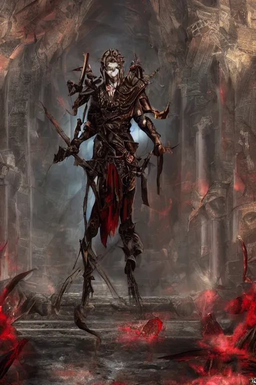 Image similar to Path of Exile, Sirius, bronze face, red eyes, male image with bronze black armor, sitting on the throne, inside the ruined gothic church, black shadows, red lasers, dark red bloody fog fly around, [[blood]], Anachronism, painting, dark fantasy, steampunk, 4k, perfect quality,