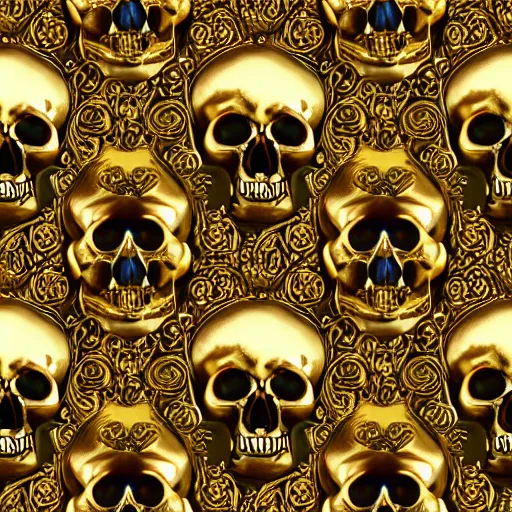 Prompt: many gold skulls with flowers and jewerly, ornate, elegant, intricate, royal, highly detailed, 4 k, hd, digital art
