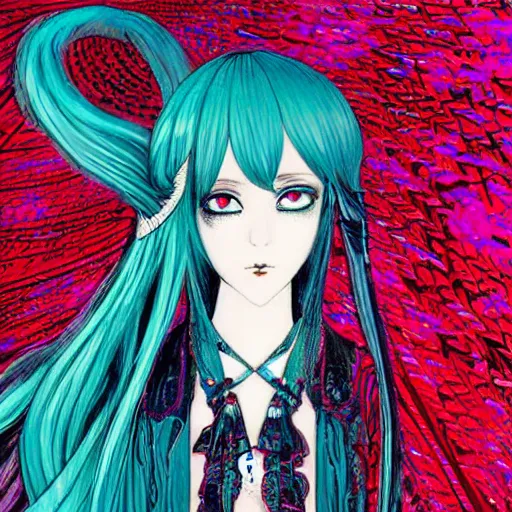 Image similar to hatsune miku, long teal hair, artwork by Harry Clarke, highly detailed