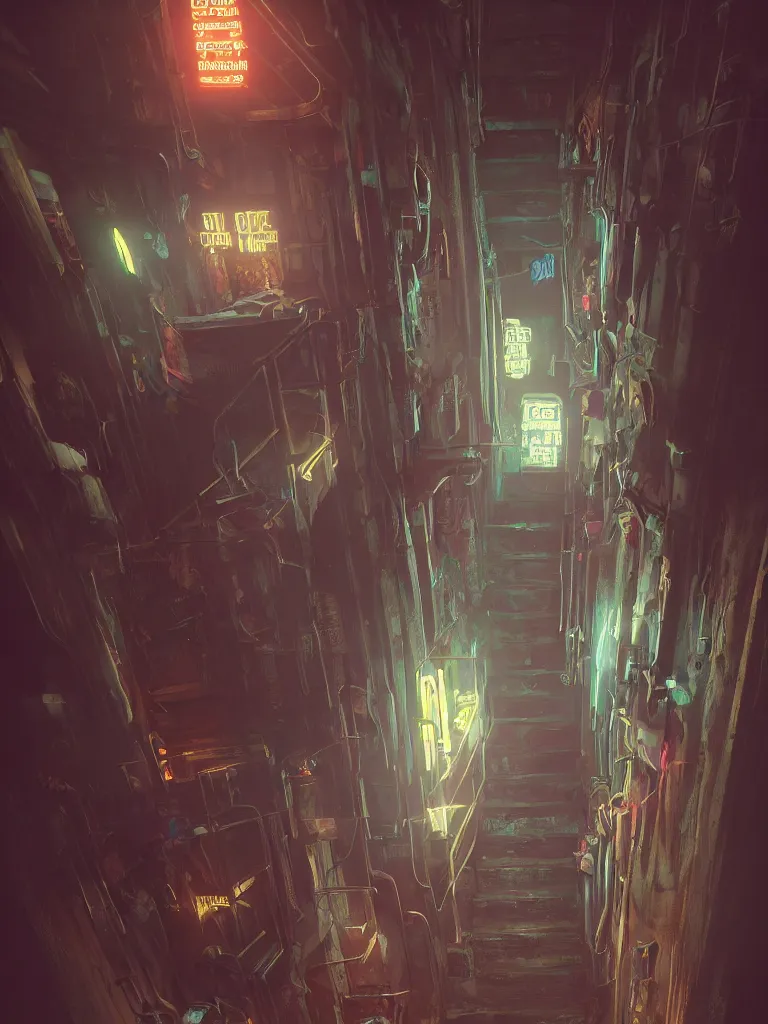 Prompt: look down a cellar staircase, neon lights, cyberpunk style, digital painting, concept art, smooth, sharp focus, hyperrealistic, illustration, artstation trending, octane render, unreal engine, ambient light, dynamic lighting, magical, dark vibes, Cyberpunk 2077