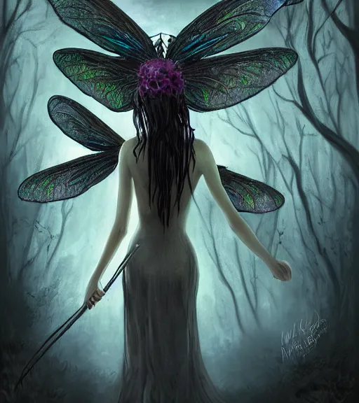 Image similar to gothic fairy with dragonfly wings, digital painting, liminal eerie midnight backlit, a picture taken by Michael Komarck