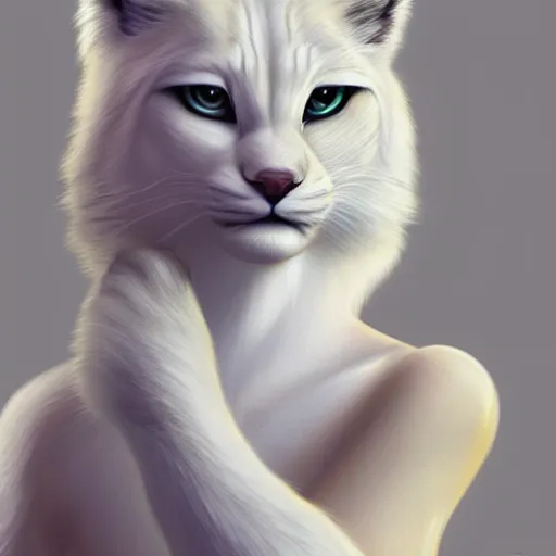 Image similar to beautiful realistic portrait of white anthropomorphic lynx cat by artgerm, furry fantasy art