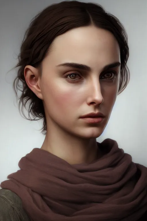 Prompt: a girl Nathalie Portman portrait, loving amber eyes, a shy face, unreal 5, hyperrealistic, octane render, Regal, Refined, Detailed Digital Art, RPG portrait, William-Adolphe Bouguereau, Michael Cheval, dynamic lighting, Highly Detailed, Cinematic Lighting, Unreal Engine, 8k, HD