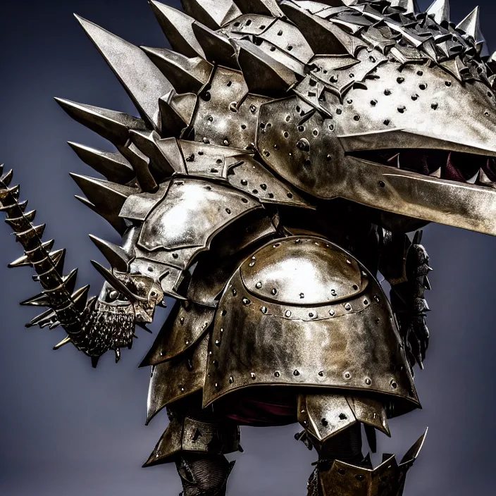 Image similar to photo of a warrior with metal stegosaurus themed armour and helmet, highly detailed, 4 k, hdr, smooth, sharp focus, high resolution, award - winning photo