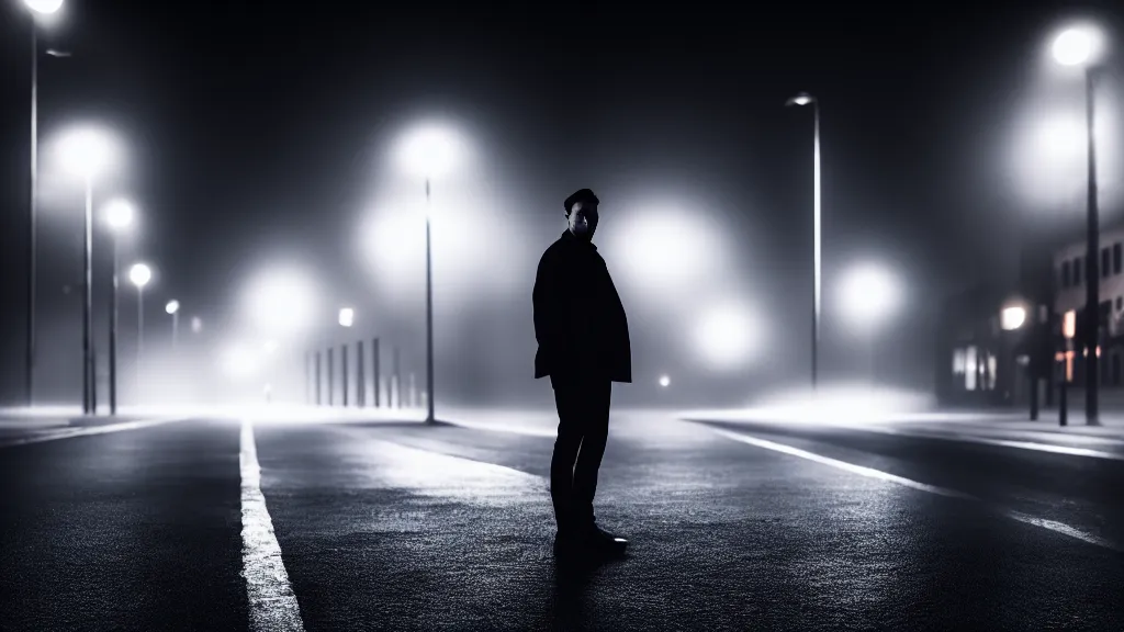 Image similar to full face portrait a man is standing on the street under the lights, fog, volumetric lighting, mystique, atmospheric, sharp focus, ultra detailed, noir art house, 4 k, cinematic, 3 5 mm