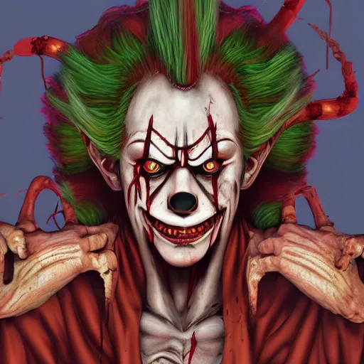 Image similar to 4K headshot of scary clown with defined arms and open hands and bloody clothes with giant mandala wings , intricate face , flawless anime cel animation by Kentaro Miura, psychedelic , highly detailed upper body , professionally post-processed , beautiful, scary, symmetry accurate features, epic, octane rendered, anime masterpiece, accurate