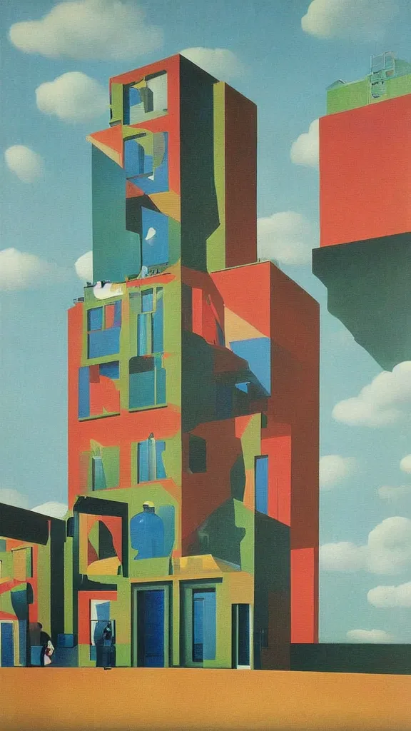 Image similar to a colorful painting of an electronic music studio by Rene Magritte