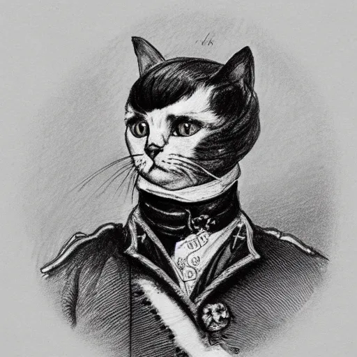 Prompt: a hatched sketch of a cat wearing napoleon's clothing