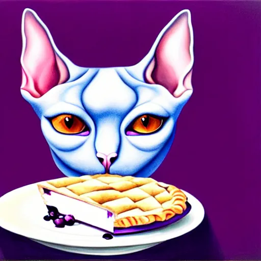 Prompt: an anthropomorphic sphynx cat fursona with big eyes eating a slice of blueberry pie, furry art, oil on canvas, soft lighting