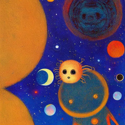 Prompt: Liminal space in outer space with cute curious creatures by Odilon Redon