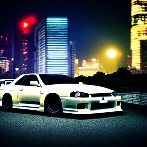 Image similar to a car Nissan Skyline GTR at illegal car meet, Saitama prefecture, city sunset mist lights, cinematic color, photorealistic, highly detailed, 200MM