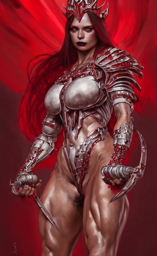 Image similar to Gothic crustacean muscular bodybuilder warrior queen in red and white chitin armor, fantasy, highly detailed, digital painting, artstation, concept art, smooth, sharp focus, illustration, art by artgerm and greg rutkowski and alphonse mucha