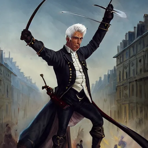 Prompt: a french gentleman with white hair with a rapier in a duel with a rogue blackman in the streets of a fantasy paris in french revolution, symmetric face, hyperrealism, epic fantasy digital art, fantasy style art, by Greg Rutkowski, fantasy hearthstone card art style