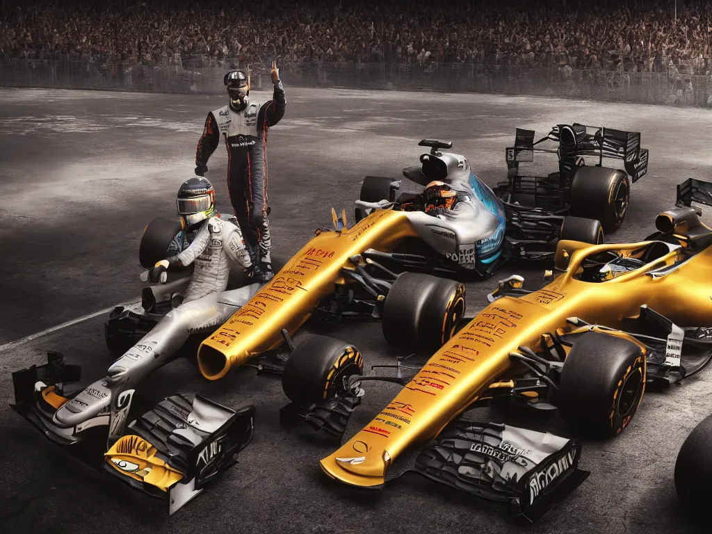 Image similar to A hyper realistic photo of Lewis Hamilton standing on his F1 car after winning a race, golden glow, cyberpunk, detailed, octane render, 8k,