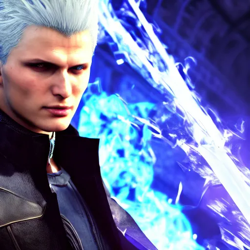 Image similar to portrait of a vergil from devil may cry ,Capcom, Grim fantasy, dlss, HDR, devil may cry 5, autodesk maya render , blue aura, natural light, shoulder level shot, dynamic pose, award winning photograph, Mucha style, 8k,