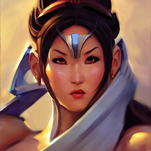 Image similar to greg manchess portrait painting of partially armored chun li from street fighter as overwatch character, medium shot, asymmetrical, profile picture, organic painting, sunny day, matte painting, bold shapes, hard edges, street art, trending on artstation, by huang guangjian and gil elvgren and gerald brom