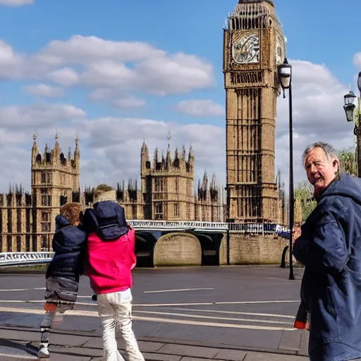 Image similar to a middle aged white man sees every tourist sight in london whilst two exhausted younger people pay for everything