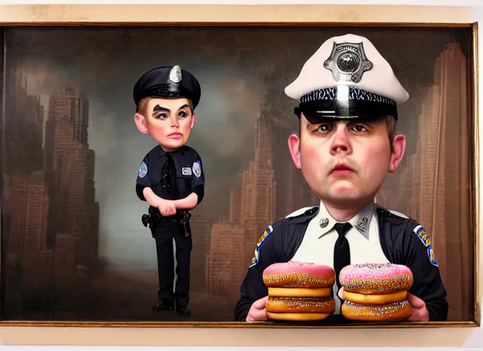 Image similar to a police officer made of donuts, lowbrow, matte painting, 3 - d highly detailed, in the style of mark ryden,