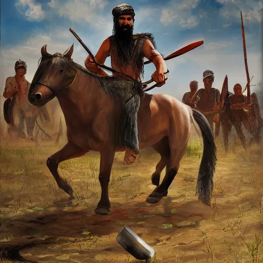 Prompt: portrait, single bangla farmer fighting, hand to hand combat with machete, full body view, long flowing hair, fighting for his life, nebula aura surrounding subject, horseback combat attacker foreground, islamic revolution, mongolian invasion of iraq, invading army background, classicism artstyle, sharp brushstrokes