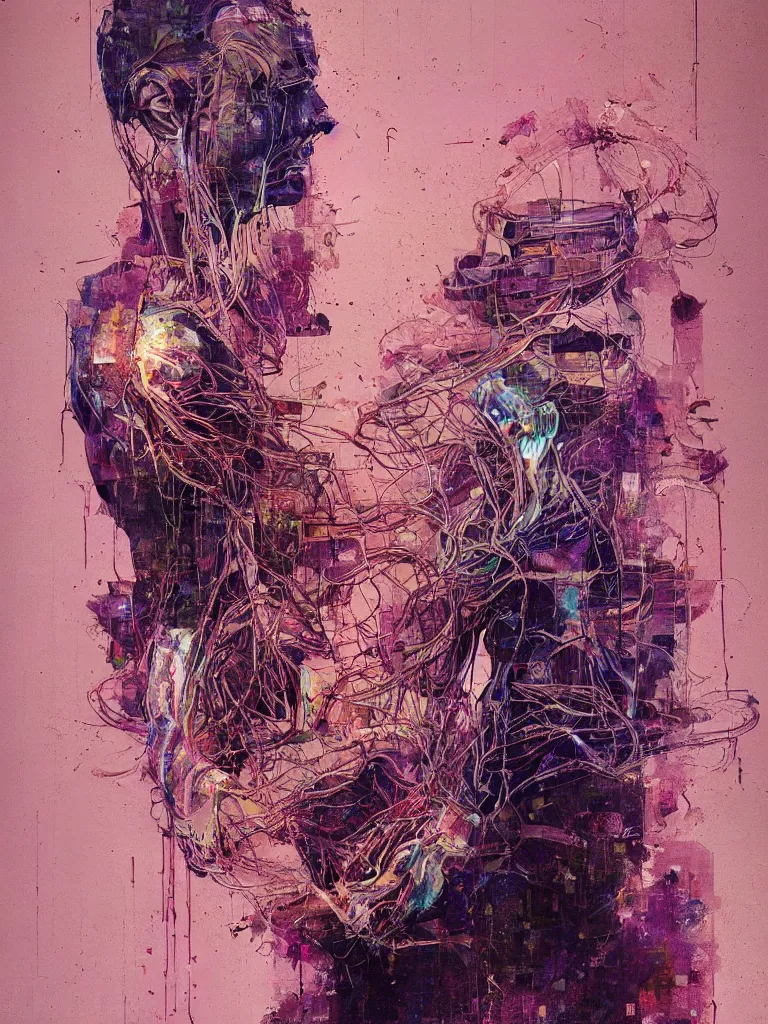 Image similar to a beautiful glitched painting by robert proch of a glitched anatomy study of the human nervous system, color bleeding, pixel sorting, copper oxide material, brushstrokes by jeremy mann, studio lighting, pastel purple background, square glitches