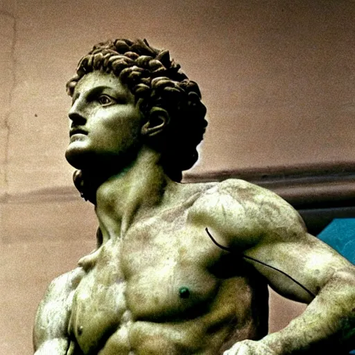 Image similar to A photo of Michelangelo's sculpture of David wearing headphones djing