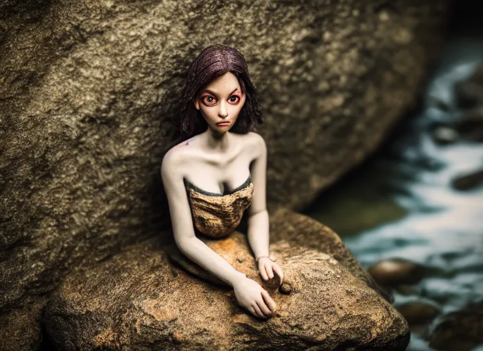 Image similar to portrait fully clothed half woman half fish sitting on a rock in a river in an underground cave. fantasy magic style. highly detailed 8 k. intricate. lifelike. soft light. sony a 7 r iv 5 5 mm. cinematic post - processing