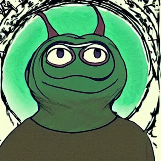 Image similar to futuristic spiritual mystic photo of the pepe the frog, studio ghibli, beautiful, crisp