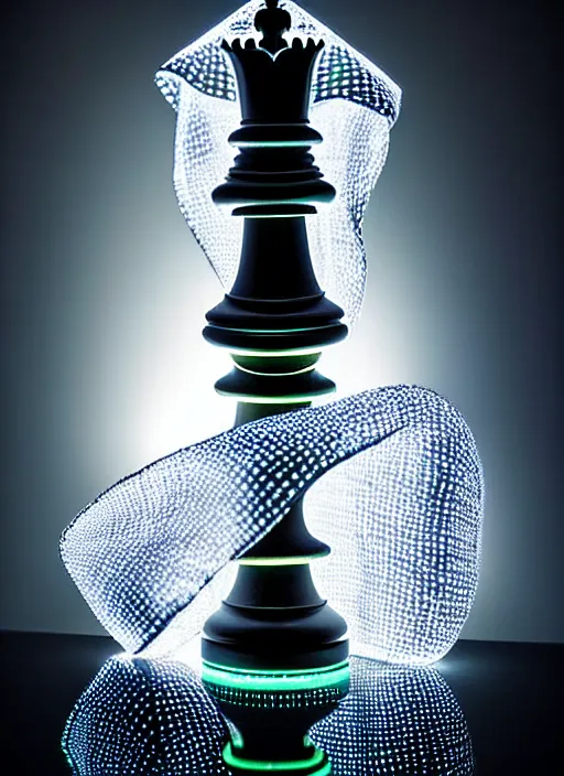 Image similar to queen chess piece photo, beautiful veil of led point lights, pearlescent skin, skin made of led point lights, very detailed, highly detailed background, reflective chessboard, photorealism, sharp focus, photorealism,sculpture , soft diffuse autumn lights, some sunlight ray, dark room wall, canon 5D 50 mm lens