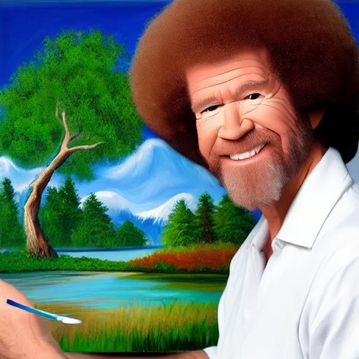 Prompt: bob ross painting bob ross on a canvas, ultra realistic, 8 k