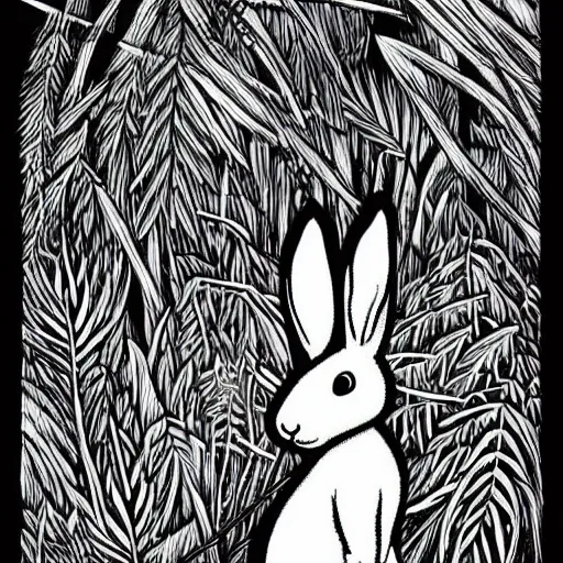 Image similar to a rabbit smoking a cigarette deep in the forest, striking pose, black and white illustration, creative design by junji ito