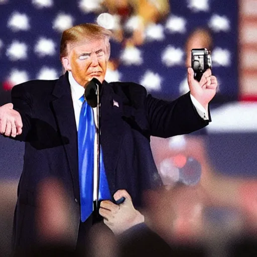 Prompt: trump holding a gun pointing at his reflection, symmetrical,