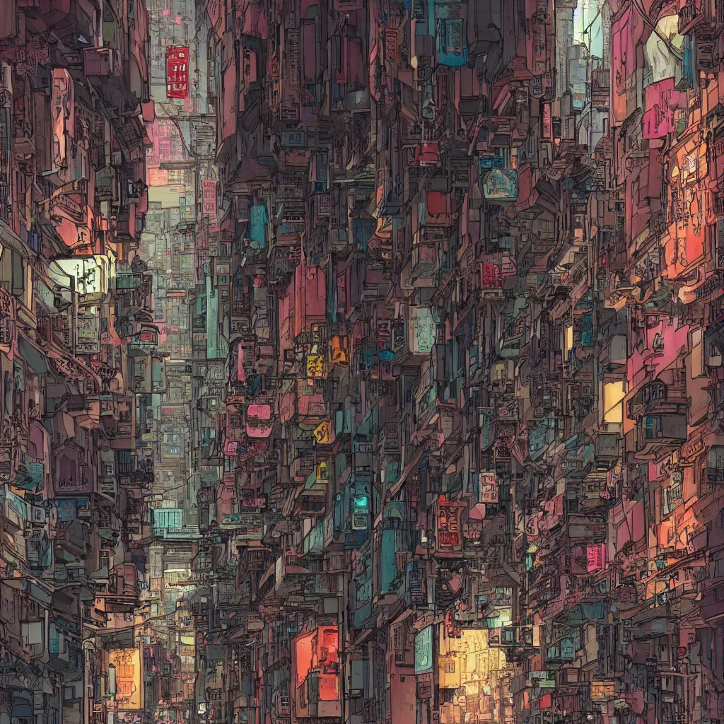 Image similar to a cyberpunk hong kong alley with robots and humans walking around by moebius