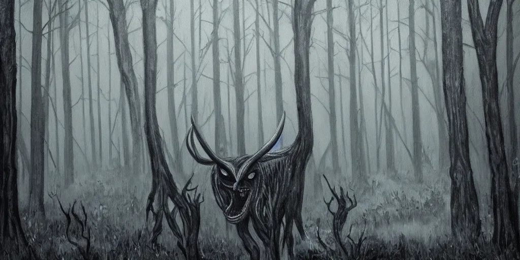 Image similar to wendigo in the woods painting dark creepy
