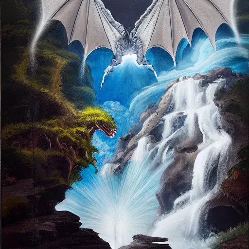 Image similar to oil painting of a dragon flying in the air near a cave with a waterfall in the center, light emanating from the waterfall leading to a big pool of water, dragon has black and white stripes, elegant, sharp focus, wide shot, clear, detailed, early renaissance