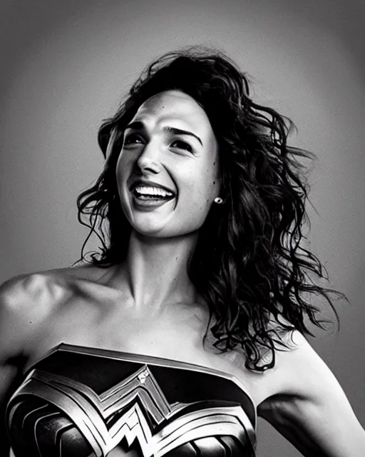 Image similar to gal gadot as she crinkles her nose while laughing, dressed as wonder woman, photorealistic, black and white photography, hdr color, hyperreal