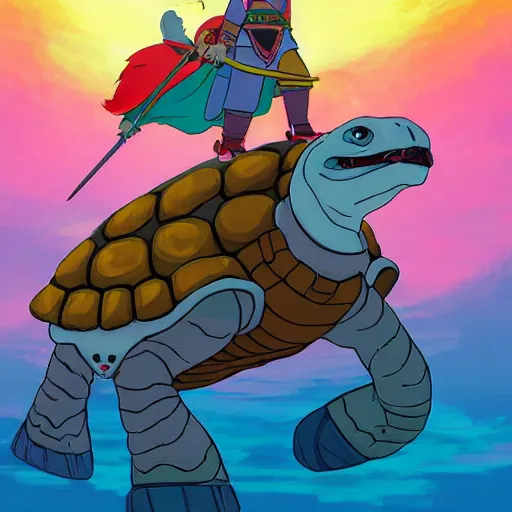 Prompt: portrait of a little warrior girl character riding on top of a giant armored turtle in the desert, studio ghibli epic character, bright colors, diffuse light, dramatic landscape, fantasy illustration