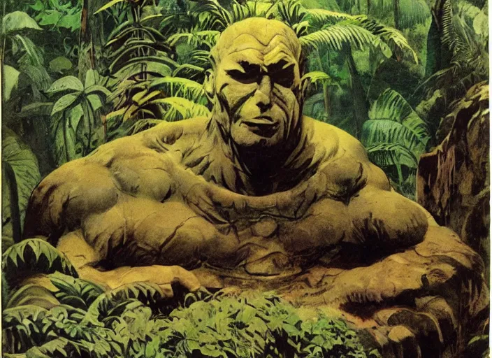 Prompt: giant stone head in a jungle clearing, children's book, vintage, Frank Frazetta