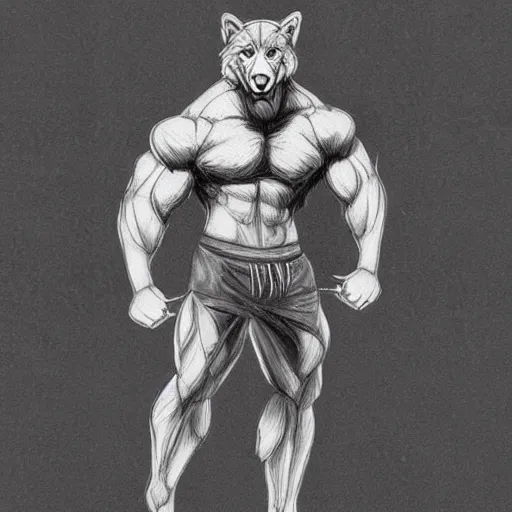 Prompt: master furry artist pen napkin sketch full body portrait character study of the anthro male anthropomorphic wolf fursona animal person wearing gym shorts bodybuilder at gym