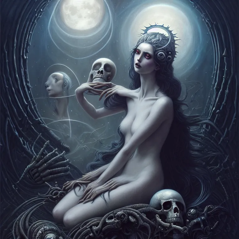 Image similar to skewed in the void, hr giger and cgsociety. one stunning luna goddess of personification of the moon by charlie bowater and tom bagshaw, insanely detailed, artstation, space art. sparkling flower fractules surrounded by skulls and robots deep under the sea, horror, fantasy, surrealist painting, by peter rohrabacher annatto finnstark