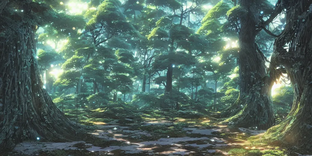 Image similar to ancient forest, art by makoto shinkai and alan bean, yukito kishiro