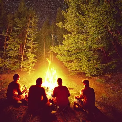 Prompt: “Photorealistic image of five guys sitting around a campfire near a cabin and near the forest under the stars in the night”