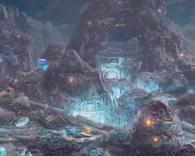Prompt: a beautiful and detailed concept art of a crystalline city built on the moon with glossy and detailed crystals shinning on the space, art by takeshi oga and ignacio bazan lazcano, trending on artstation