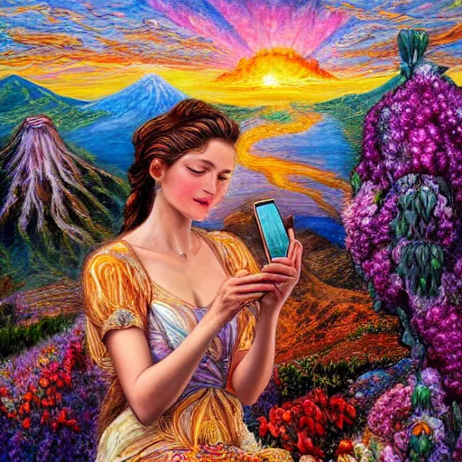 Image similar to a painting by josephine wall depicting a ramhorned goddes checking her cell phone, erupting volcano and sunrise in distance in background, flowers in foreground, acrylic on canvas, intricately detailed, highly detailed, high resolution, trending on artstation